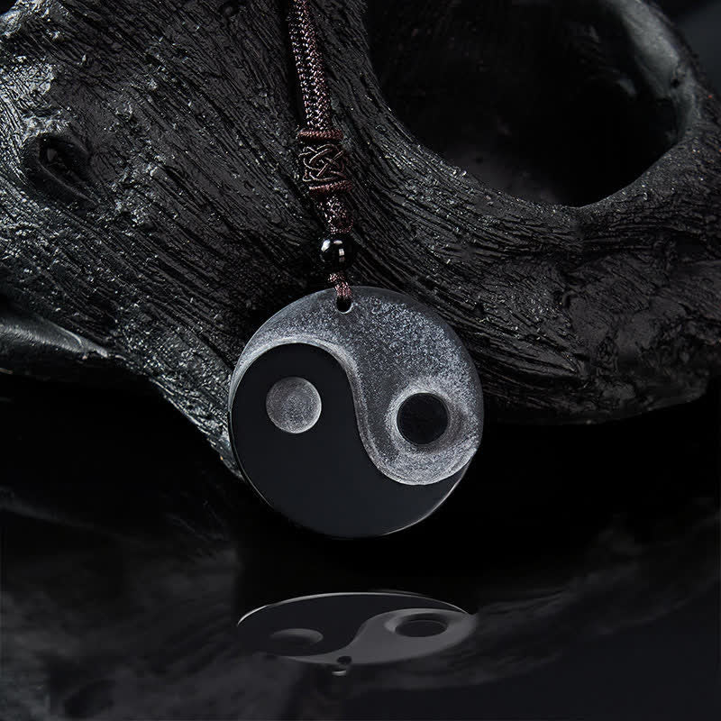 Buddha Stones Collier pendentif rond en obsidienne noire Yin Yang Balance - image 4