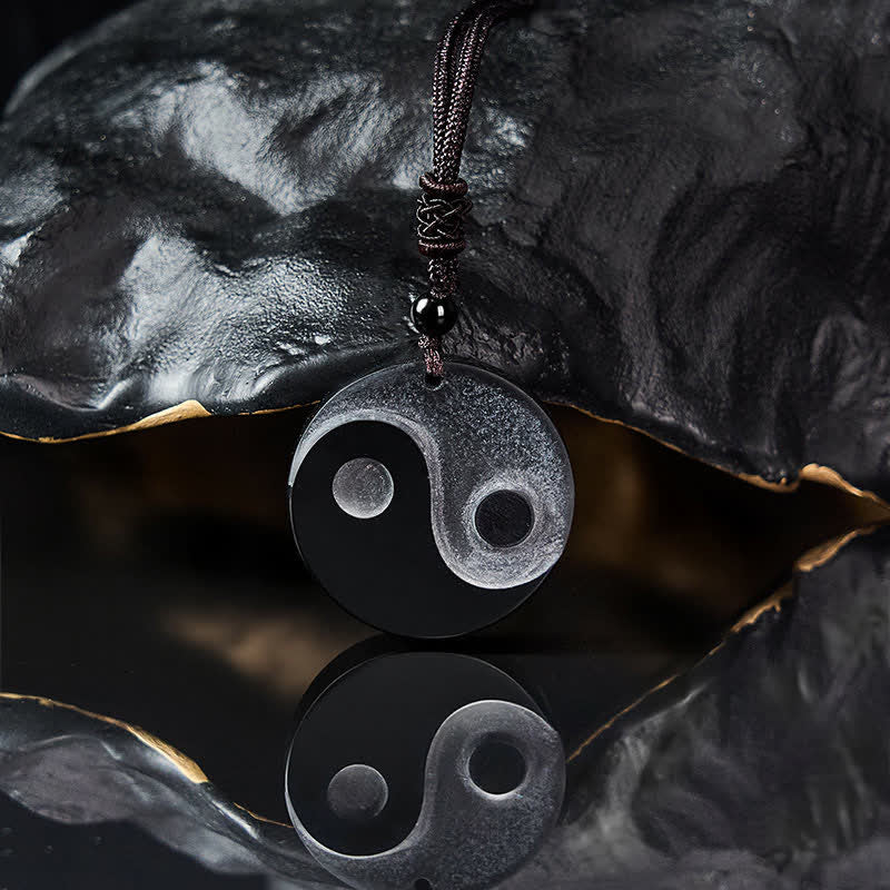 Buddha Stones Collier pendentif rond en obsidienne noire Yin Yang Balance - image 3