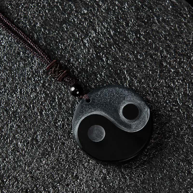 Buddha Stones Collier pendentif rond en obsidienne noire Yin Yang Balance - image 1