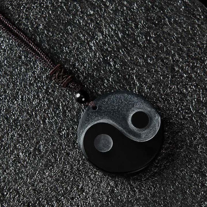 Buddha Stones Collier pendentif rond en obsidienne noire Yin Yang Balance - image 1