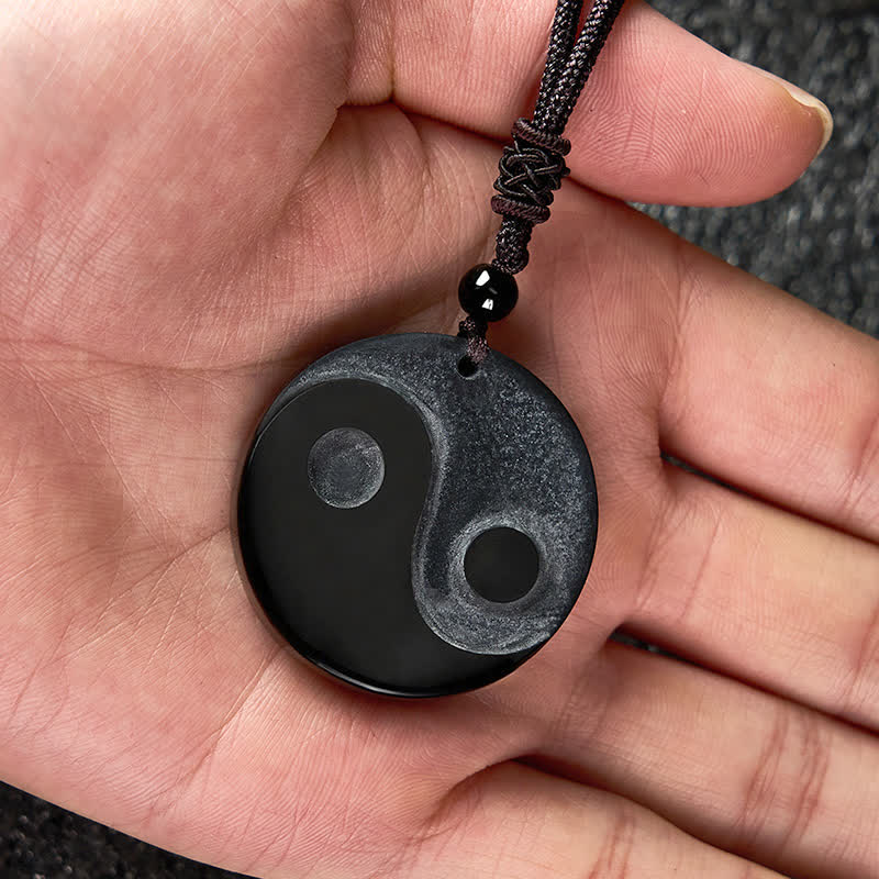 Buddha Stones Collier pendentif rond en obsidienne noire Yin Yang Balance - image 7