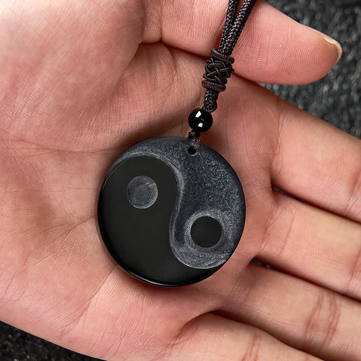 Buddha Stones Collier pendentif rond en obsidienne noire Yin Yang Balance - image 7