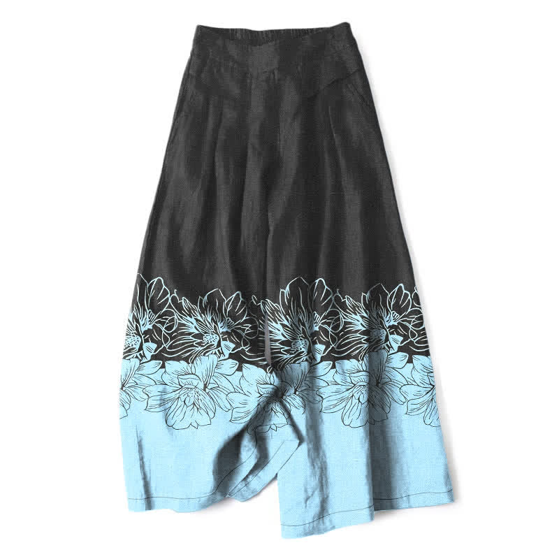 Buddha Stones Pantalon large pour femme en coton et lin à motif floral vintage, taille élastique et poches - Noir - US16，UK/AU20，EU48 (3XL) - image 0