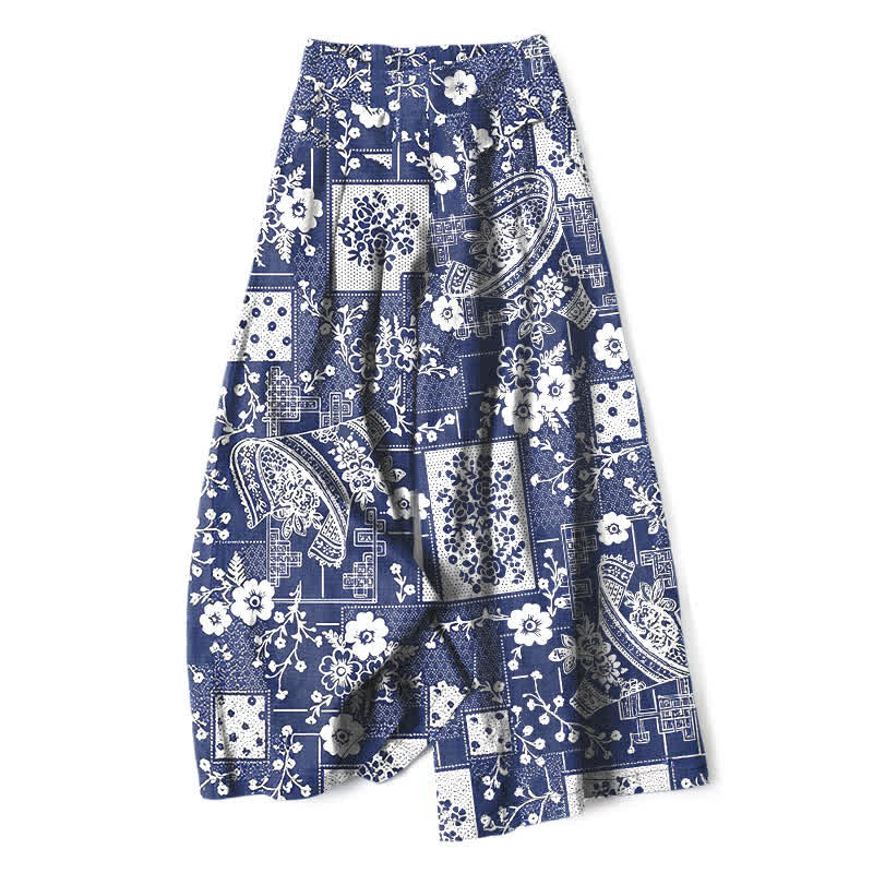 Buddha Stones Pantalon large en coton et lin à motif patchwork floral géométrique vintage, avec poches et taille élastique - Marine - US16，UK/AU20，EU48 (3XL) - image 0