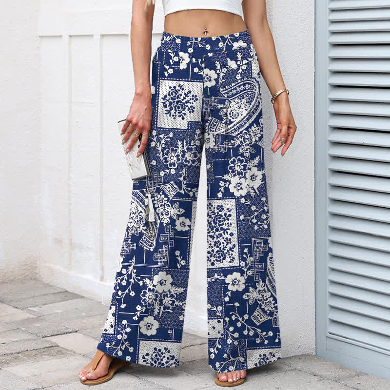 Buddha Stones Pantalon large en coton et lin à motif patchwork floral géométrique vintage, avec poches et taille élastique - image 1