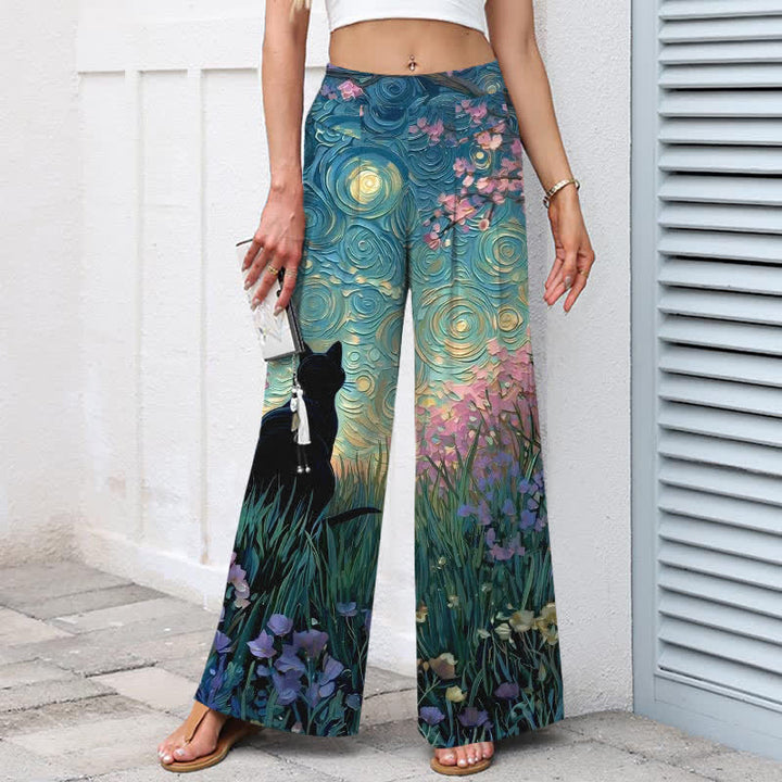 Buddha Stones Pantalon large en coton et lin à motif chat noir de forêt enchantée, avec poches et taille élastique - image 1