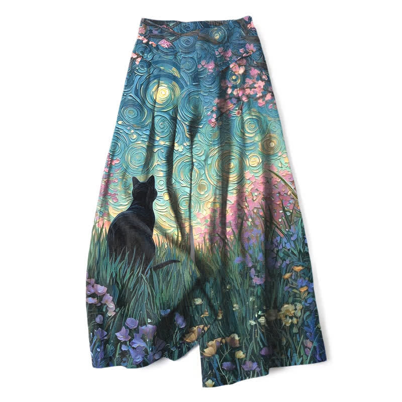 Buddha Stones Pantalon large en coton et lin à motif chat noir de forêt enchantée, avec poches et taille élastique - CadetBlue - US16，UK/AU20，EU48 (3XL) - image 0