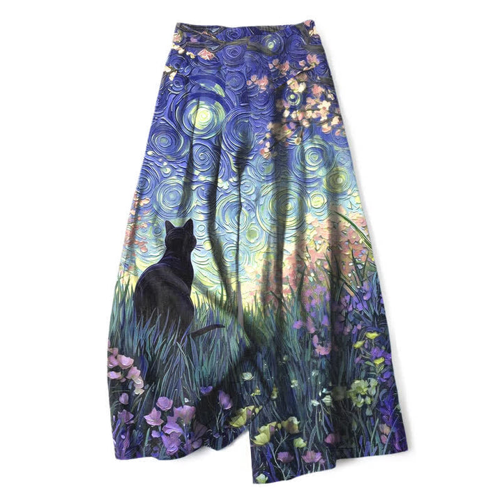 Buddha Stones Pantalon large en coton et lin à motif chat noir de forêt enchantée, avec poches et taille élastique - Bleu ardoise - US16，UK/AU20，EU48 (3XL) - image 4