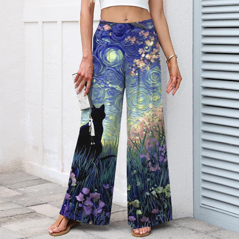Buddha Stones Pantalon large en coton et lin à motif chat noir de forêt enchantée, avec poches et taille élastique - image 5