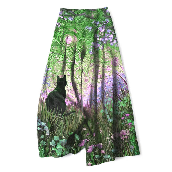 Buddha Stones Pantalon large en coton et lin à motif chat noir de forêt enchantée, avec poches et taille élastique - Vert forêt - US16，UK/AU20，EU48 (3XL) - image 6