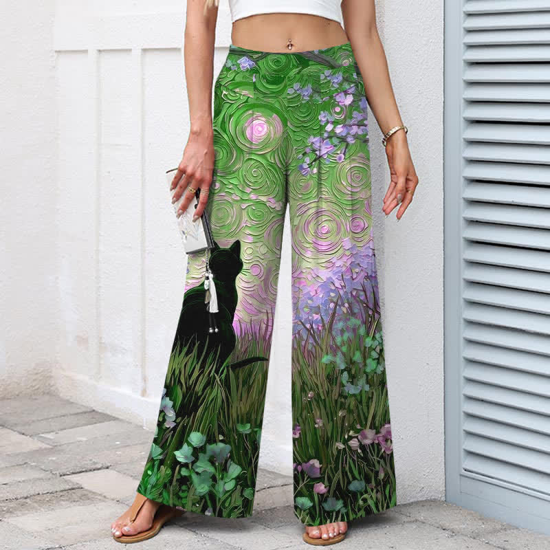 Buddha Stones Pantalon large en coton et lin à motif chat noir de forêt enchantée, avec poches et taille élastique - image 7