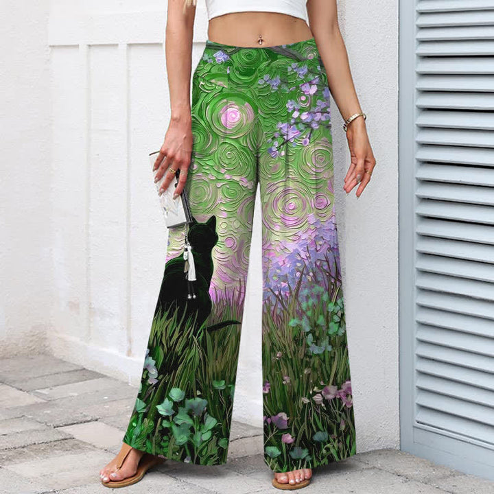 Buddha Stones Pantalon large en coton et lin à motif chat noir de forêt enchantée, avec poches et taille élastique - image 7