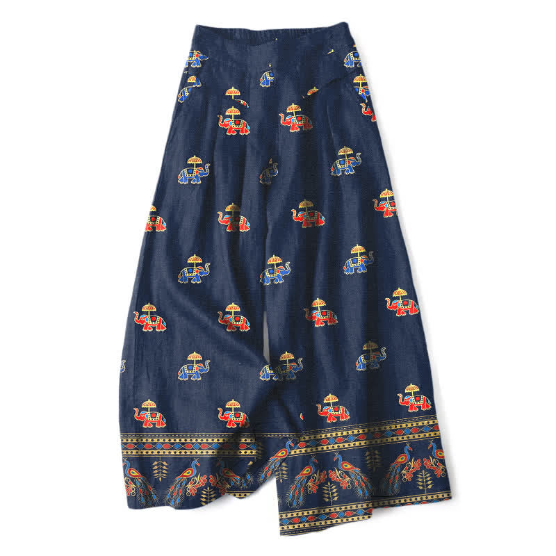 Buddha Stones Pantalon bohème en coton et lin à motif éléphant pour femme, taille élastique, jambes larges et poches - Bleu nuit - US16，UK/AU20，EU48 (3XL) - image 0
