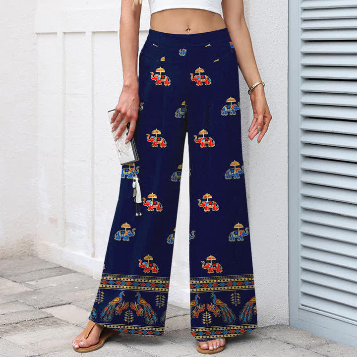 Buddha Stones Pantalon bohème en coton et lin à motif éléphant pour femme, taille élastique, jambes larges et poches - image 1