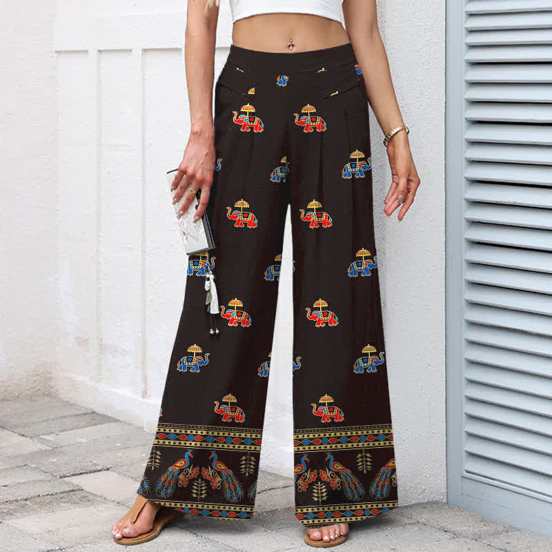 Buddha Stones Pantalon bohème en coton et lin à motif éléphant pour femme, taille élastique, jambes larges et poches - image 5