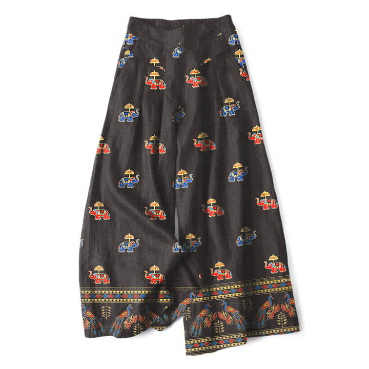 Buddha Stones Pantalon bohème en coton et lin à motif éléphant pour femme, taille élastique, jambes larges et poches - SaddleBrown - US16，UK/AU20，EU48 (3XL) - image 4