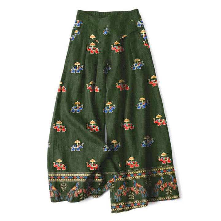 Buddha Stones Pantalon bohème en coton et lin à motif éléphant pour femme, taille élastique, jambes larges et poches - Vert foncé - US16，UK/AU20，EU48 (3XL) - image 6