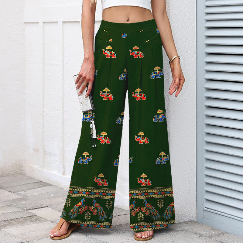 Buddha Stones Pantalon bohème en coton et lin à motif éléphant pour femme, taille élastique, jambes larges et poches - image 7