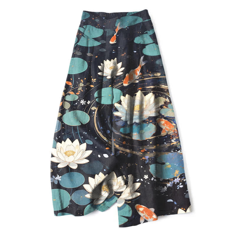 Buddha Stones Pantalon large en coton et lin à motif de carpes koï et de lotus pour femme, avec poches et taille élastique - Noir - US16，UK/AU20，EU48 (3XL) - image 0