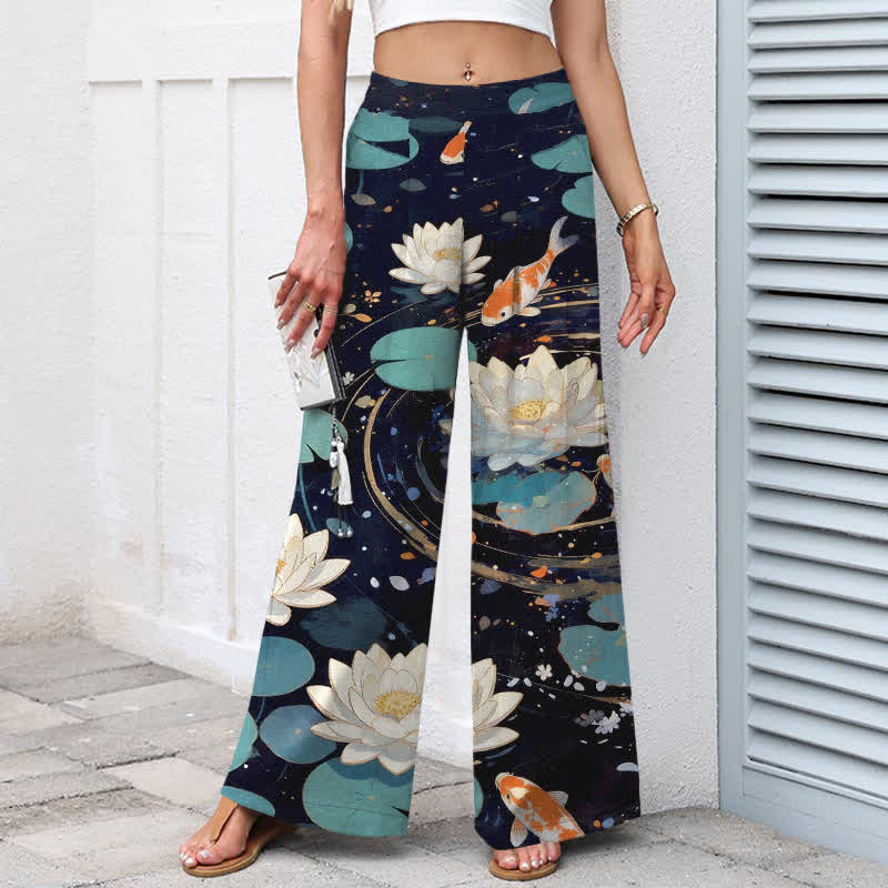 Buddha Stones Pantalon large en coton et lin à motif de carpes koï et de lotus pour femme, avec poches et taille élastique - image 1