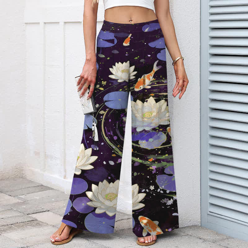 Buddha Stones Pantalon large en coton et lin à motif de carpes koï et de lotus pour femme, avec poches et taille élastique - image 5