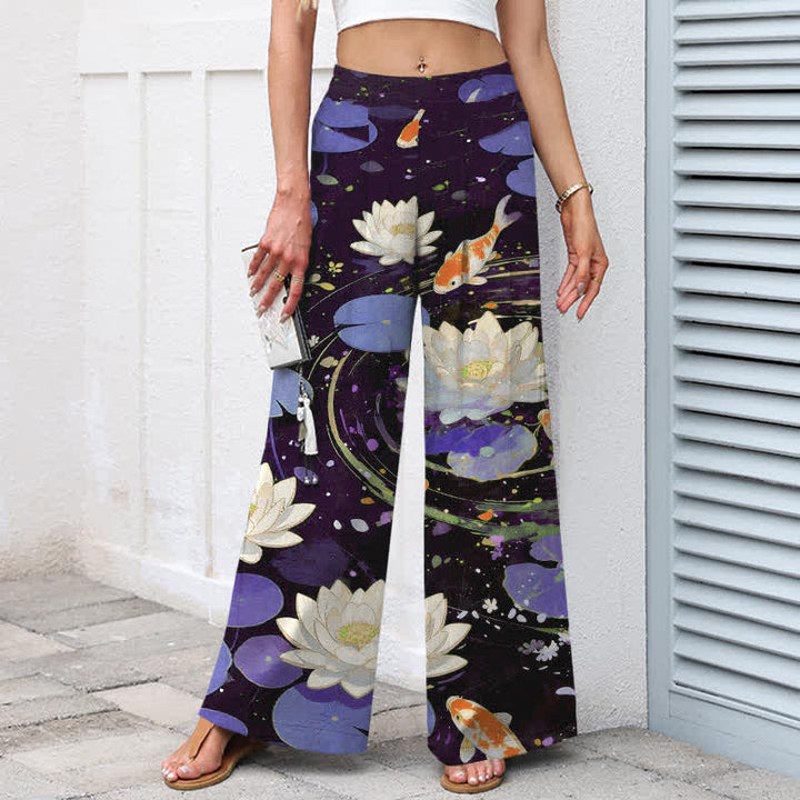 Buddha Stones Pantalon large en coton et lin à motif de carpes koï et de lotus pour femme, avec poches et taille élastique - image 5