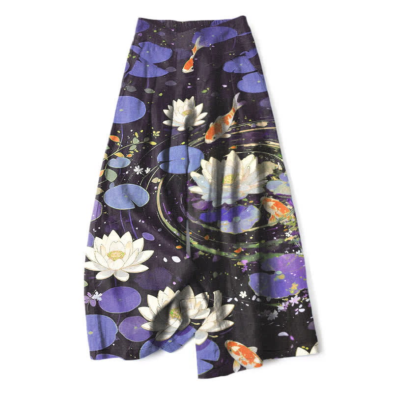 Buddha Stones Pantalon large en coton et lin à motif de carpes koï et de lotus pour femme, avec poches et taille élastique - BleuViolet - US16，UK/AU20，EU48 (3XL) - image 4