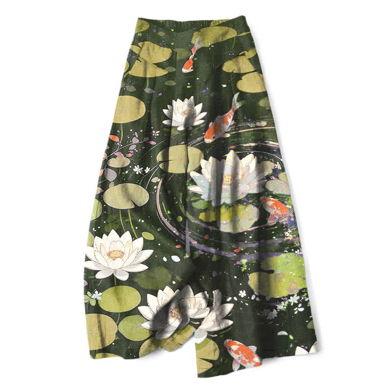 Buddha Stones Pantalon large en coton et lin à motif de carpes koï et de lotus pour femme, avec poches et taille élastique - Vert olive foncé - US16，UK/AU20，EU48 (3XL) - image 6