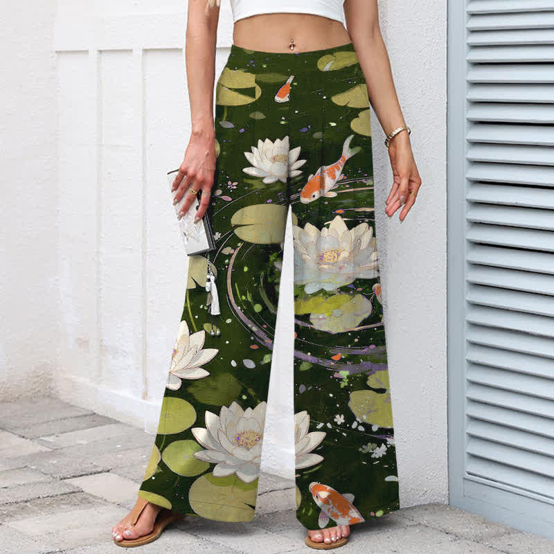 Buddha Stones Pantalon large en coton et lin à motif de carpes koï et de lotus pour femme, avec poches et taille élastique - image 7