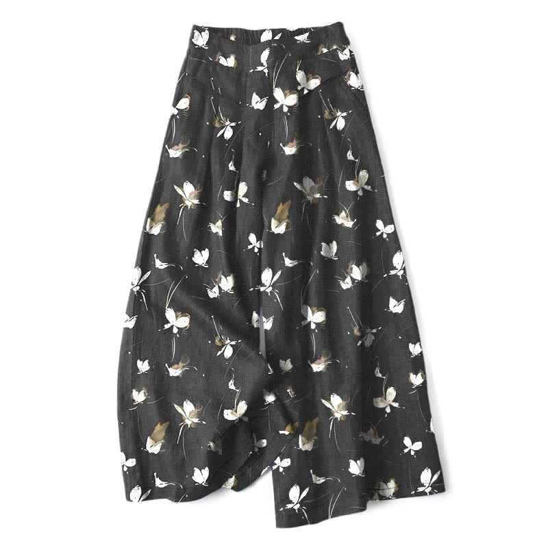 Buddha Stones Pantalon large en coton et lin à motif floral vintage et papillons blancs pour femme, avec taille élastique et poches - Noir - US16，UK/AU20，EU48 (3XL) - image 0
