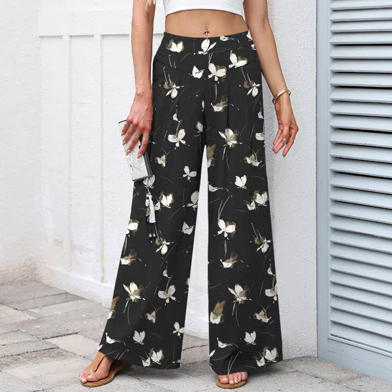 Buddha Stones Pantalon large en coton et lin à motif floral vintage et papillons blancs pour femme, avec taille élastique et poches - image 1