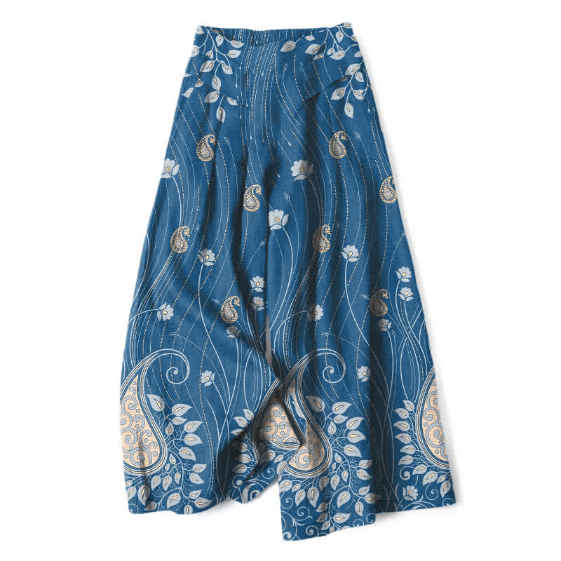 Buddha Stones Pantalon large pour femme en coton et lin à motif cachemire et lignes florales, taille élastique et poches - SteelBlue - US16，UK/AU20，EU48 (3XL) - image 0