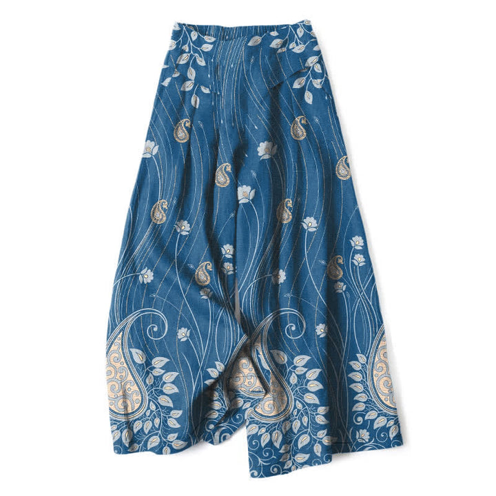 Buddha Stones Pantalon large pour femme en coton et lin à motif cachemire et lignes florales, taille élastique et poches - SteelBlue - US16，UK/AU20，EU48 (3XL) - image 0