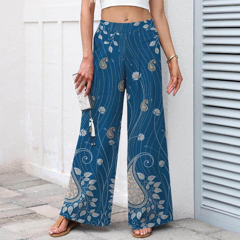 Buddha Stones Pantalon large pour femme en coton et lin à motif cachemire et lignes florales, taille élastique et poches - image 1