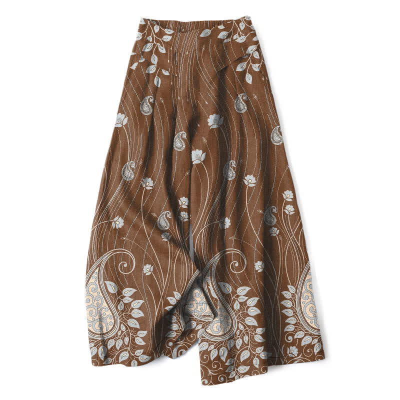 Buddha Stones Pantalon large pour femme en coton et lin à motif cachemire et lignes florales, taille élastique et poches - Terre de sienne - US16，UK/AU20，EU48 (3XL) - image 4