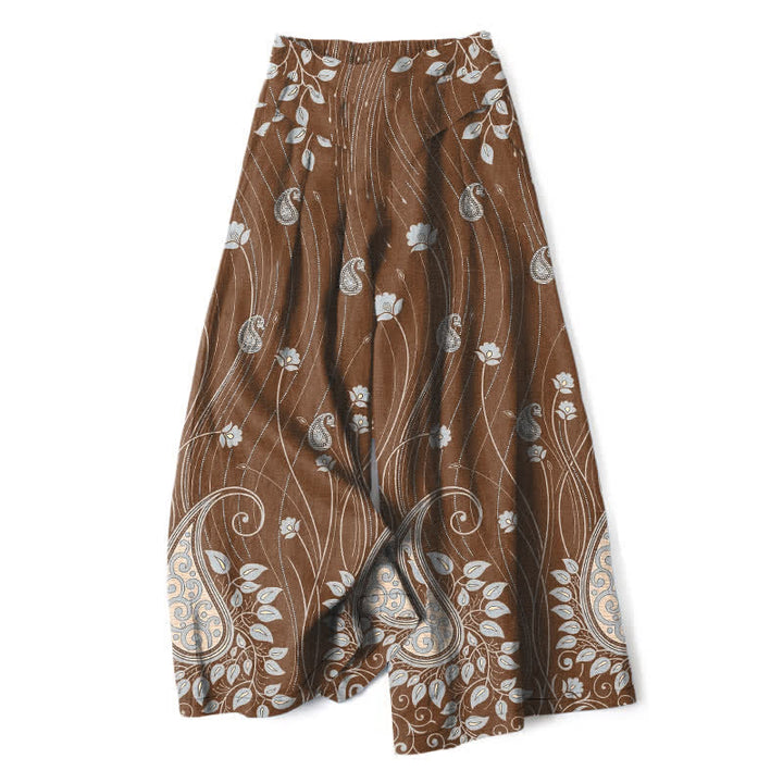 Buddha Stones Pantalon large pour femme en coton et lin à motif cachemire et lignes florales, taille élastique et poches - Terre de sienne - US16，UK/AU20，EU48 (3XL) - image 4