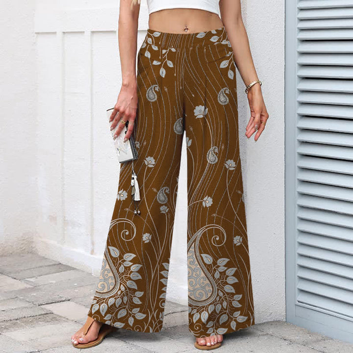 Buddha Stones Pantalon large pour femme en coton et lin à motif cachemire et lignes florales, taille élastique et poches - image 5