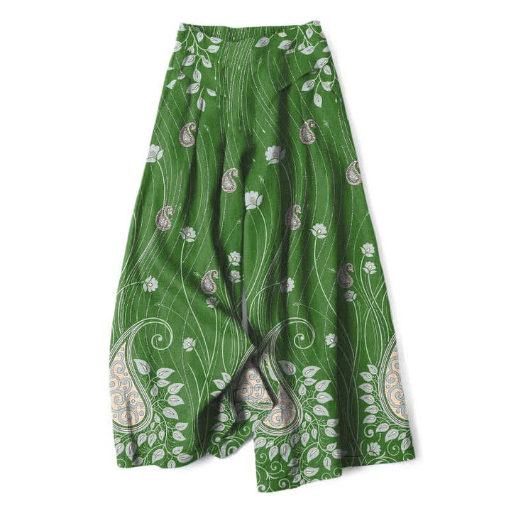 Buddha Stones Pantalon large pour femme en coton et lin à motif cachemire et lignes florales, taille élastique et poches - Vert forêt - US16，UK/AU20，EU48 (3XL) - image 6