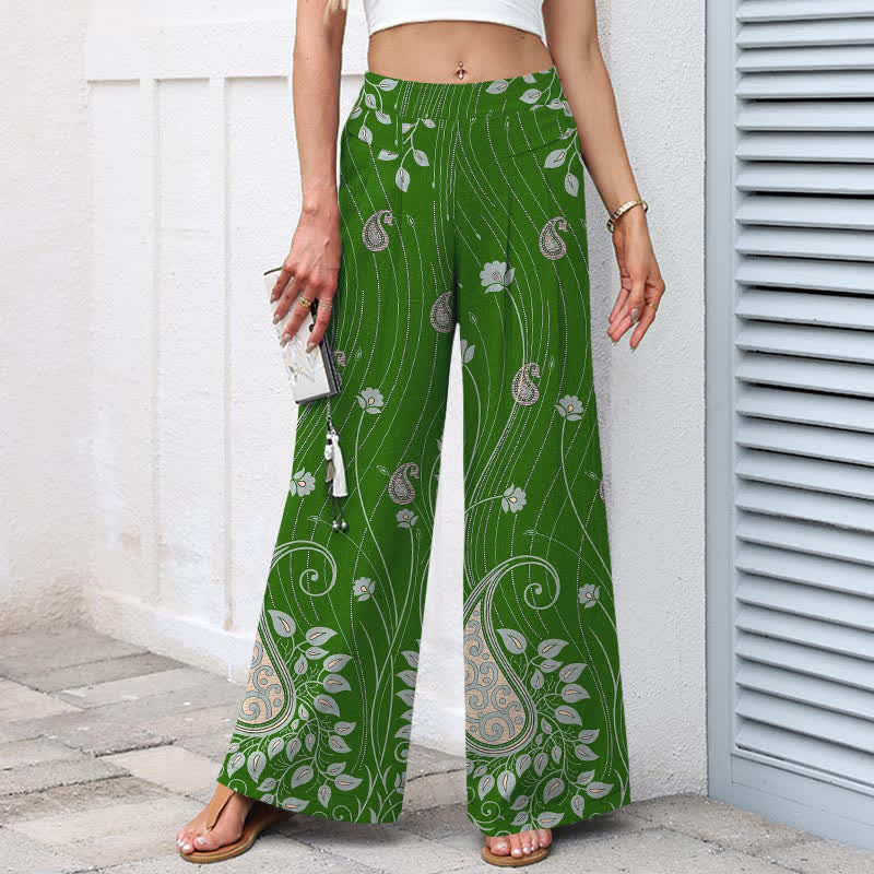 Buddha Stones Pantalon large pour femme en coton et lin à motif cachemire et lignes florales, taille élastique et poches - image 7