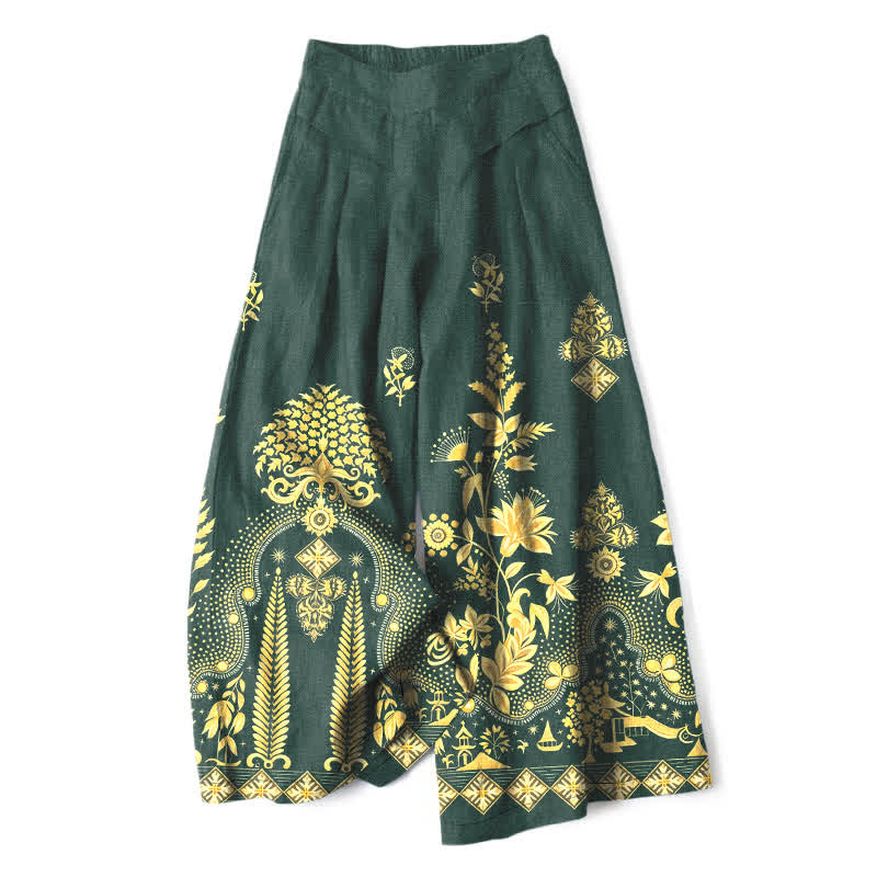 Buddha Stones Pantalon bohème en coton et lin à motif floral doré, taille élastique et jambes larges avec poches pour femme - Vert foncé - US16，UK/AU20，EU48 (3XL) - image 0