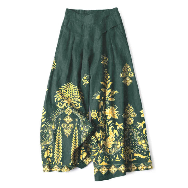 Buddha Stones Pantalon bohème en coton et lin à motif floral doré, taille élastique et jambes larges avec poches pour femme - Vert foncé - US16，UK/AU20，EU48 (3XL) - image 0