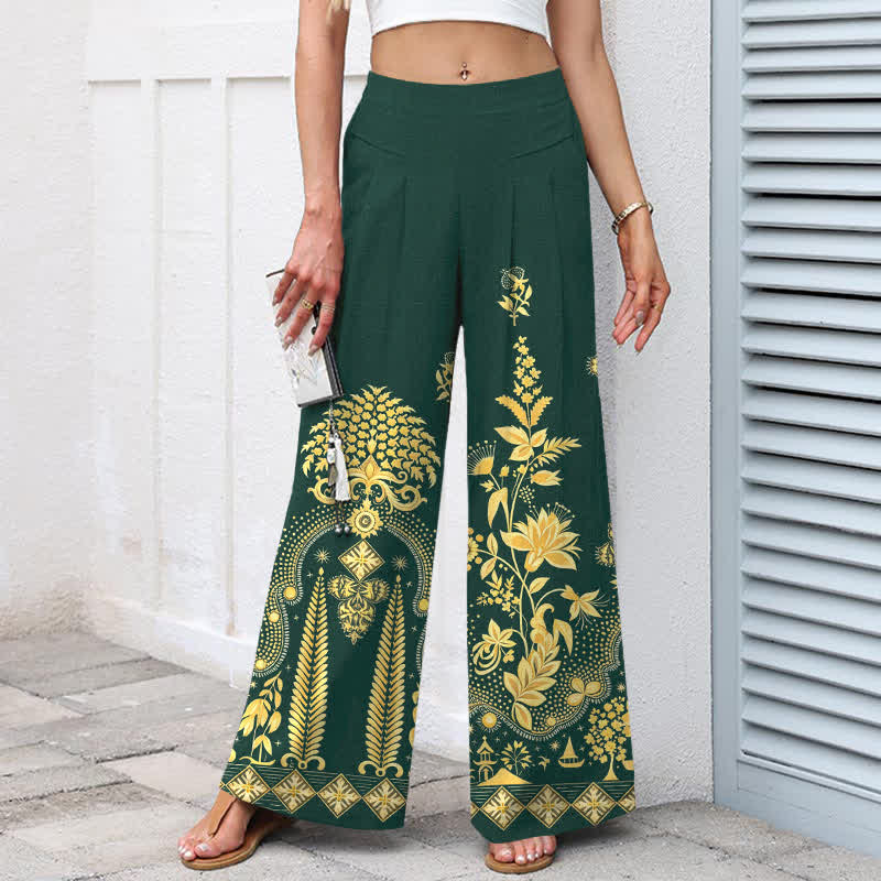 Buddha Stones Pantalon bohème en coton et lin à motif floral doré, taille élastique et jambes larges avec poches pour femme - image 1