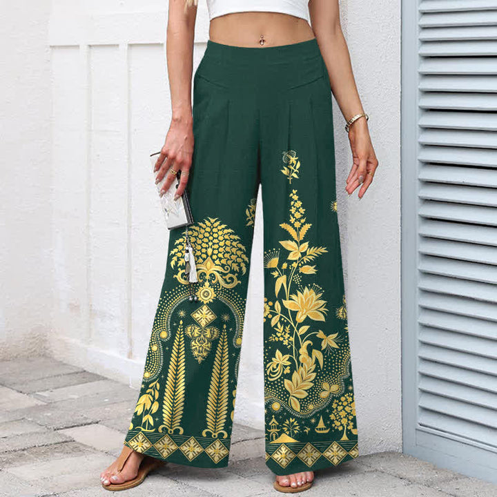 Buddha Stones Pantalon bohème en coton et lin à motif floral doré, taille élastique et jambes larges avec poches pour femme - image 1