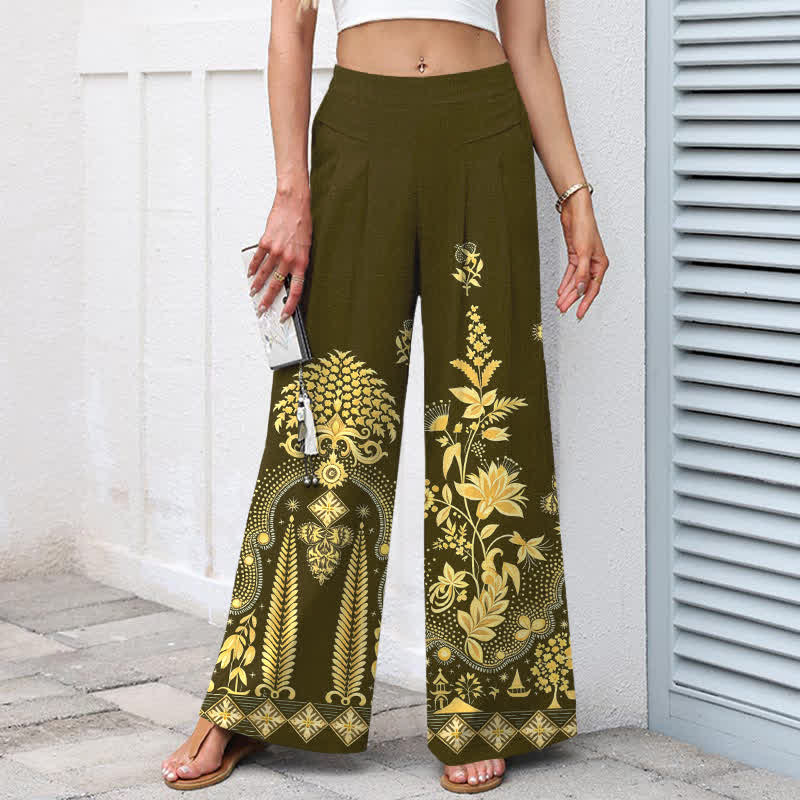 Buddha Stones Pantalon bohème en coton et lin à motif floral doré, taille élastique et jambes larges avec poches pour femme - image 5