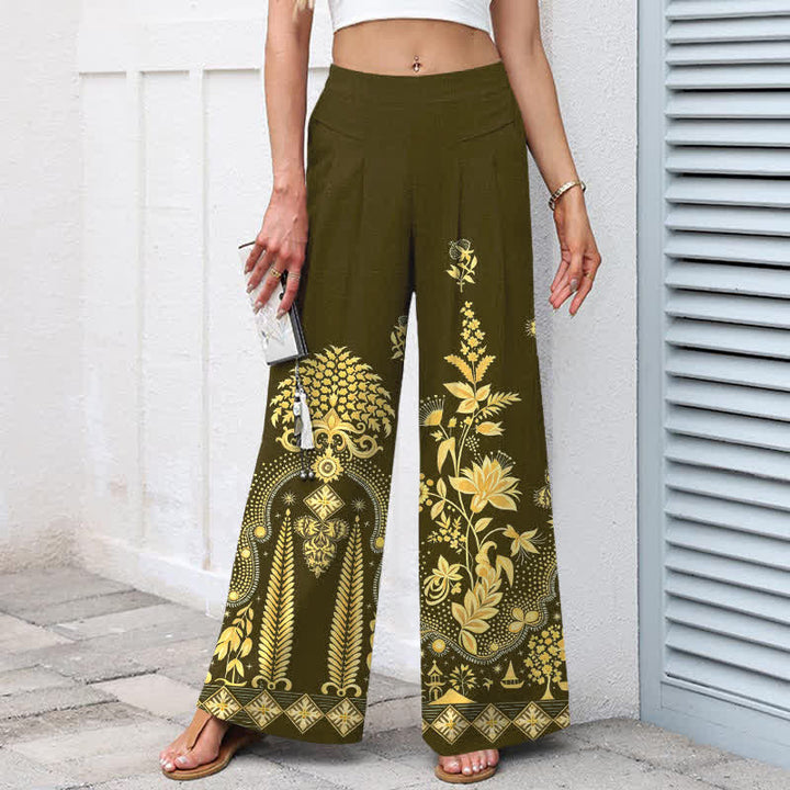 Buddha Stones Pantalon bohème en coton et lin à motif floral doré, taille élastique et jambes larges avec poches pour femme - image 5