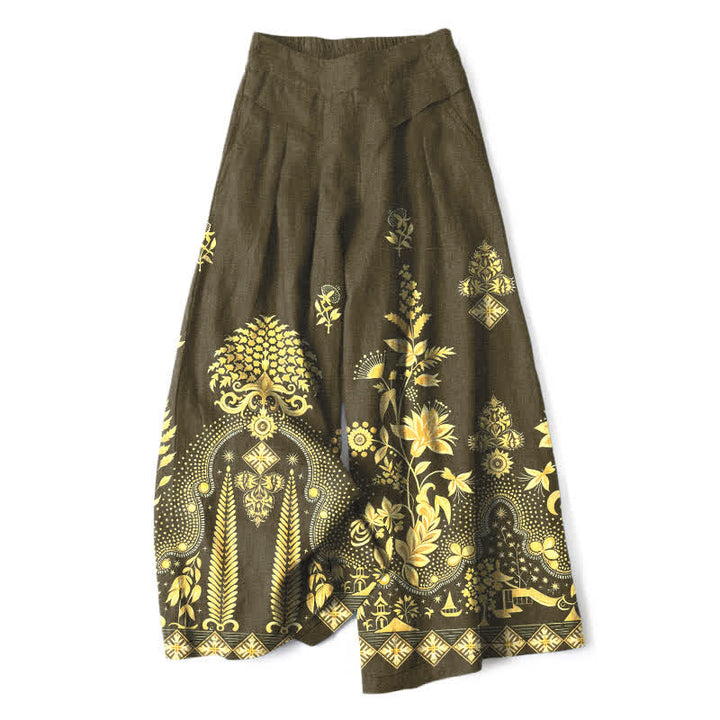 Buddha Stones Pantalon bohème en coton et lin à motif floral doré, taille élastique et jambes larges avec poches pour femme - Vert olive foncé - US16，UK/AU20，EU48 (3XL) - image 4