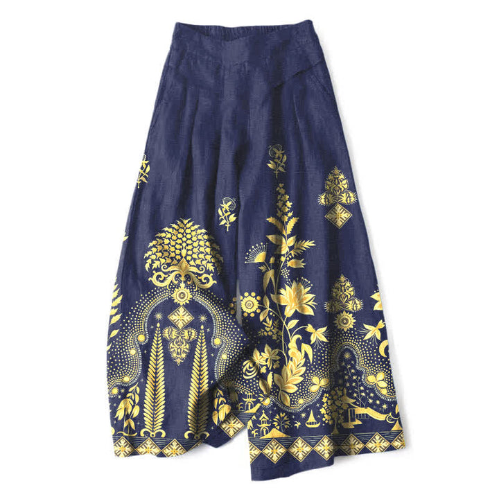 Buddha Stones Pantalon bohème en coton et lin à motif floral doré, taille élastique et jambes larges avec poches pour femme - Marine - US16，UK/AU20，EU48 (3XL) - image 6