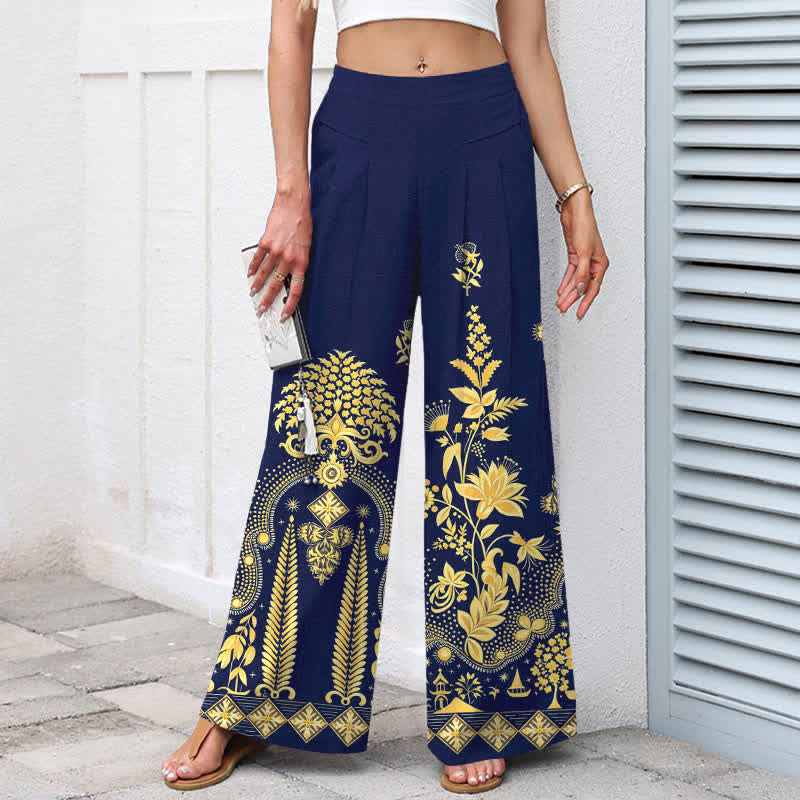 Buddha Stones Pantalon bohème en coton et lin à motif floral doré, taille élastique et jambes larges avec poches pour femme - image 7