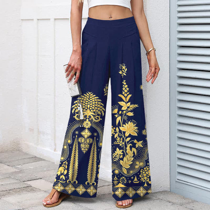Buddha Stones Pantalon bohème en coton et lin à motif floral doré, taille élastique et jambes larges avec poches pour femme - image 7