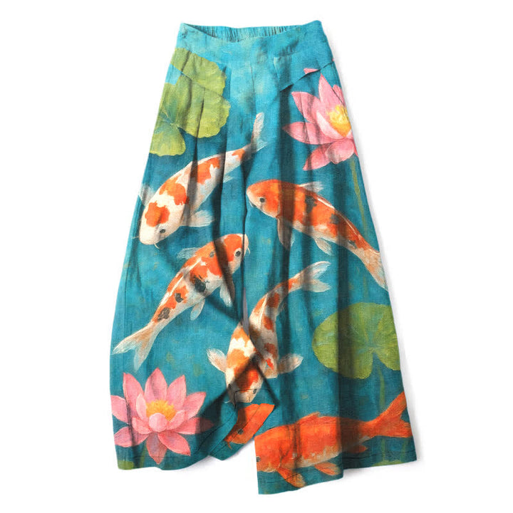 Buddha Stones Pantalon large à taille élastique et poches pour femme, en coton et lin, motif carpes koï rouges et blanches et lotus roses. - Turquoise foncé - US16，UK/AU20，EU48 (3XL) - image 0